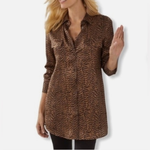 Soft Surroundings Tops - Soft Surroundings Silk 💯 Animal Print Brown Button Blouse Women Size XS